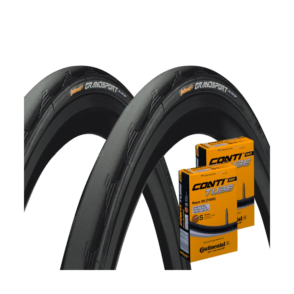 Continental Grand Sport Race 700c Road Bike Tyres 700x23c (23-622) Presta Inner Tube Bundle