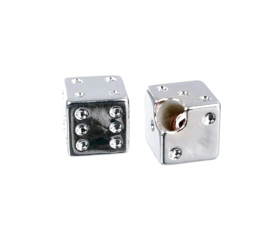 Pair of Chrome Silver Plastic Dice Bike Dust Caps - Schrader Car Type Auto Valve