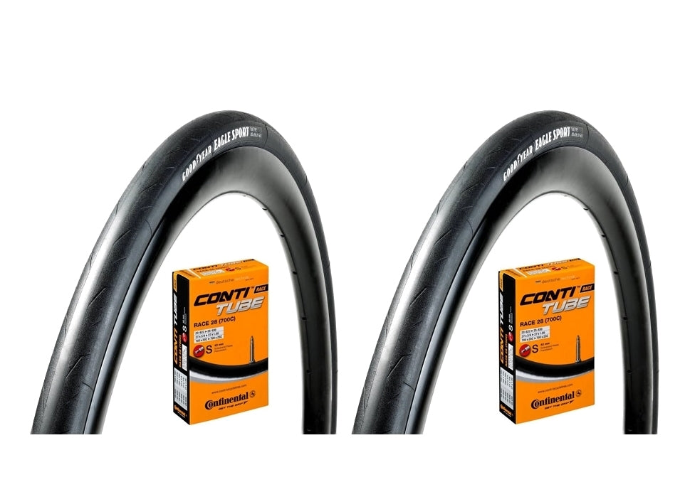 Goodyear Eagle Sport Folding Bead 700c Road Racing Bike Tyres 700x25c (25-622) Presta Inner Tube Bundle