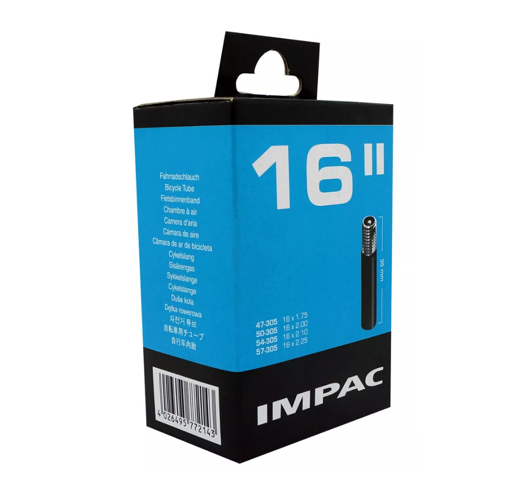 16" Impac Bike Inner Tube 16 Inch 16x1.75" - 16x2.25" Schrader Car Type Valve