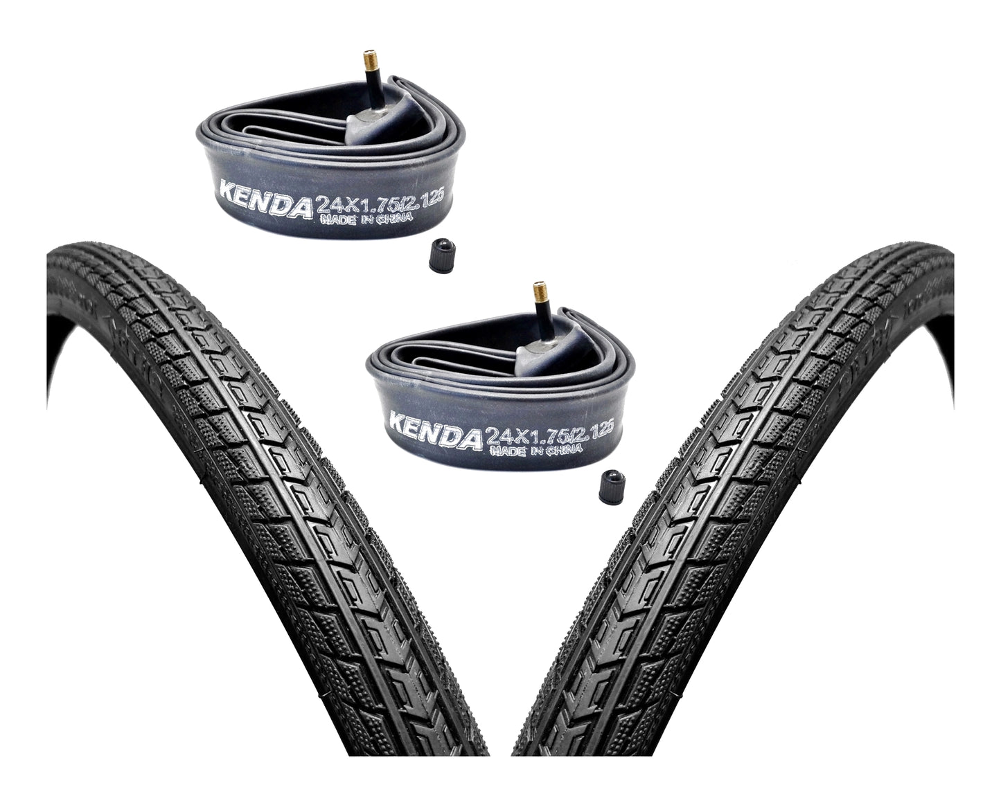 24x1.75 Mountain Bike Fast Rolling Semi Slick Tyres (47-507) 24" Kenda Schrader Tube Bundle